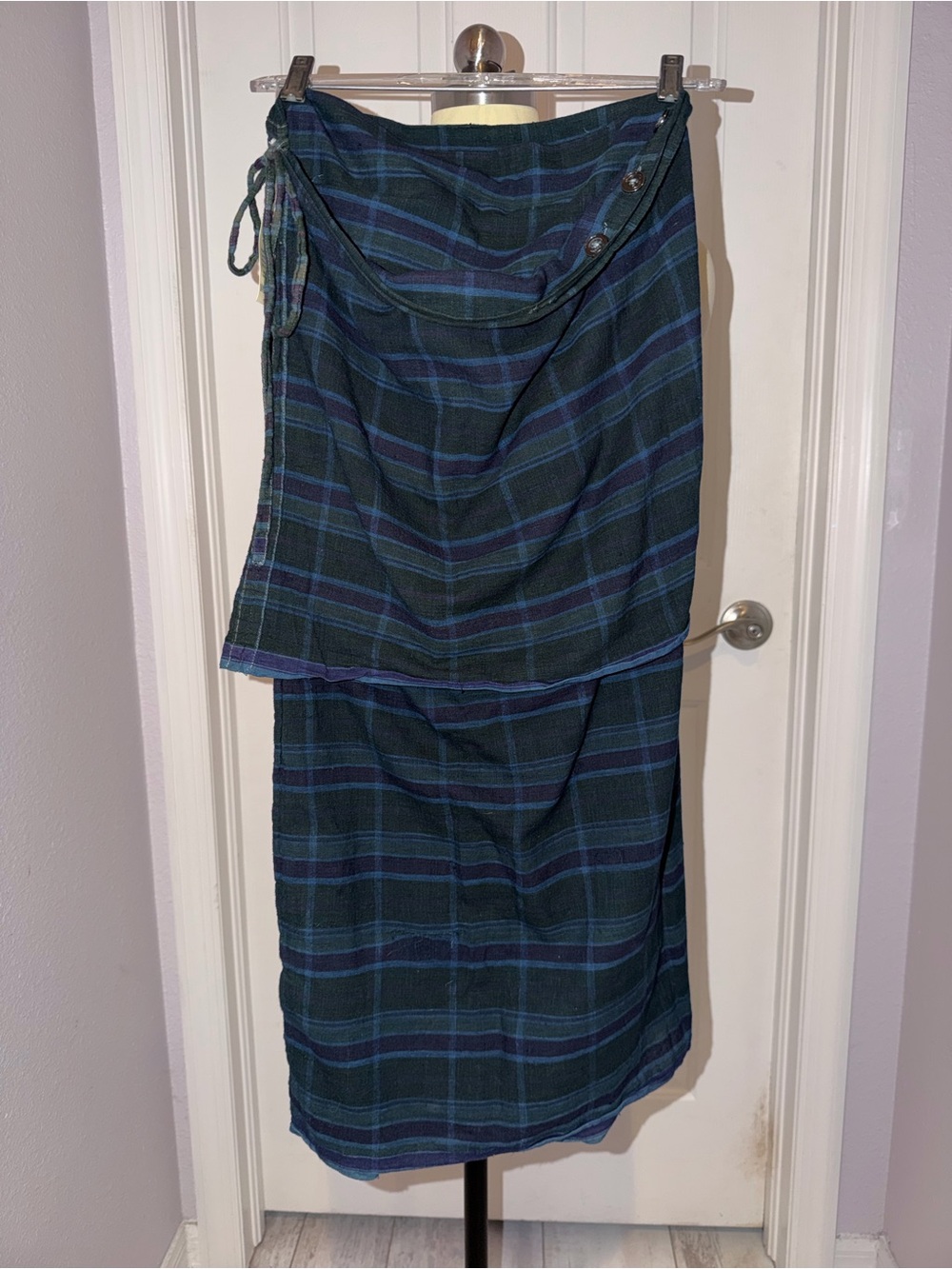 Auntie Oti Plaid “Wrap Skirt” in Dark Green and Blue - Women